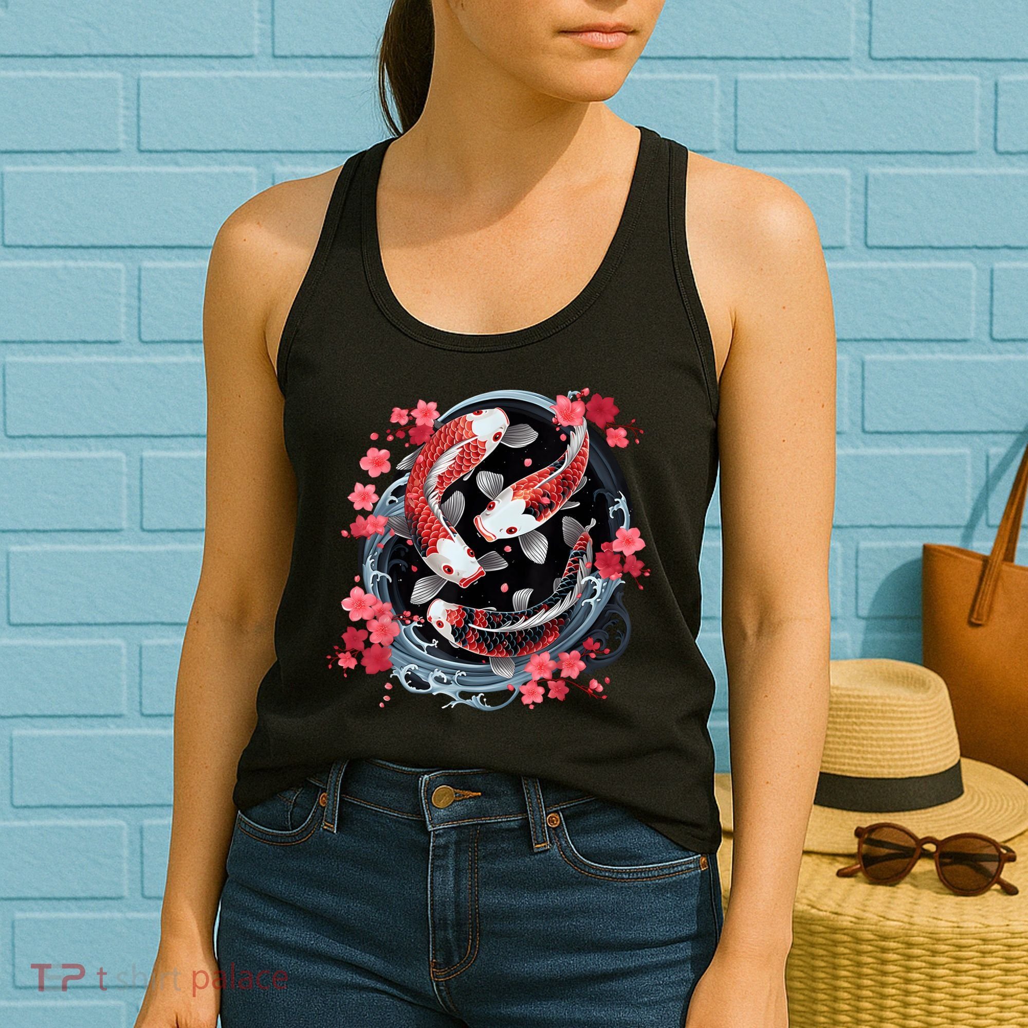 Japanese Koi Carp Ying Yang Nishikigoi Fish Cherry Blossom Women's Tank Top
