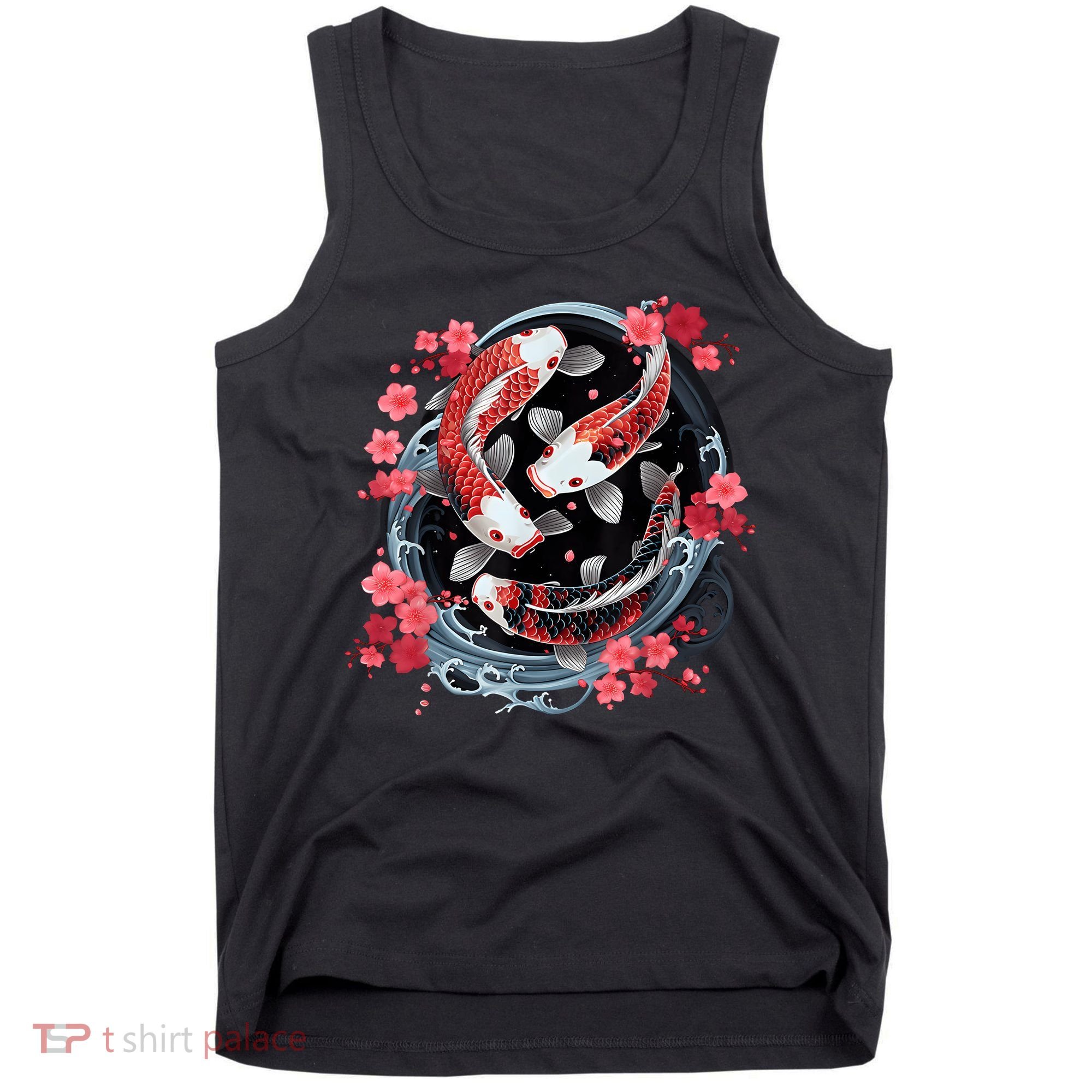 Japanese Koi Carp Ying Yang Nishikigoi Fish Cherry Blossom Tank Top