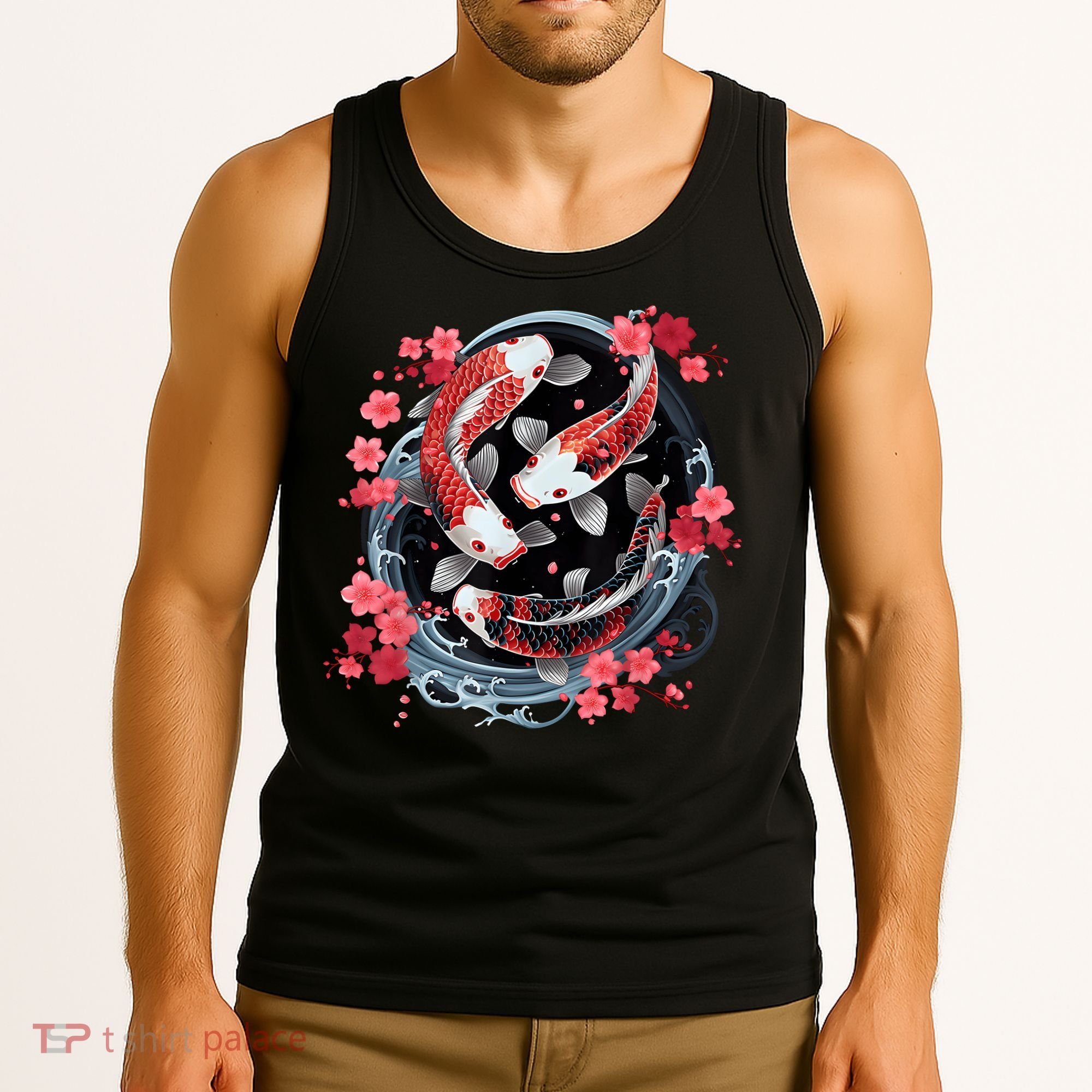 Japanese Koi Carp Ying Yang Nishikigoi Fish Cherry Blossom Tank Top