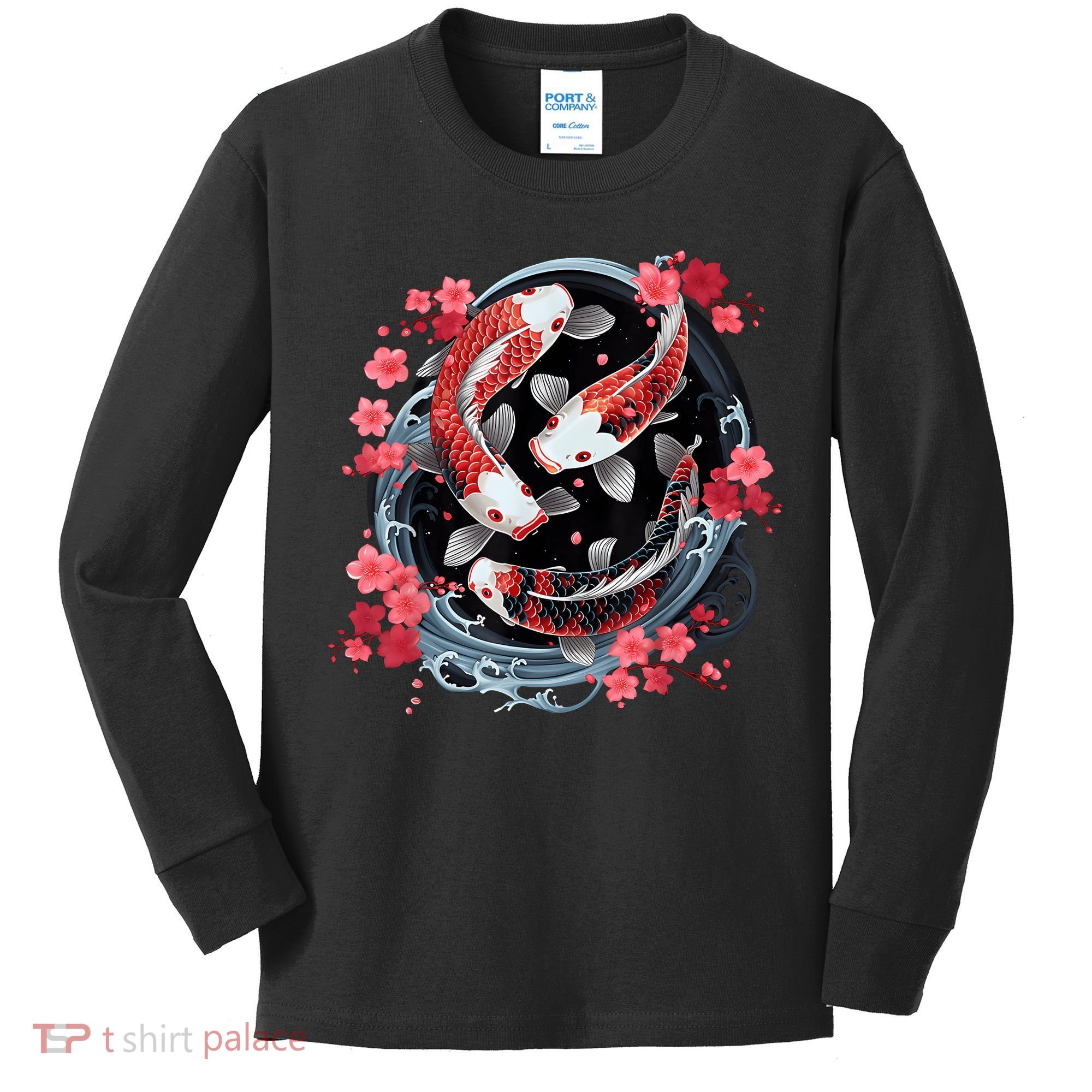 Japanese Koi Carp Ying Yang Nishikigoi Fish Cherry Blossom Kids Long Sleeve Shirt