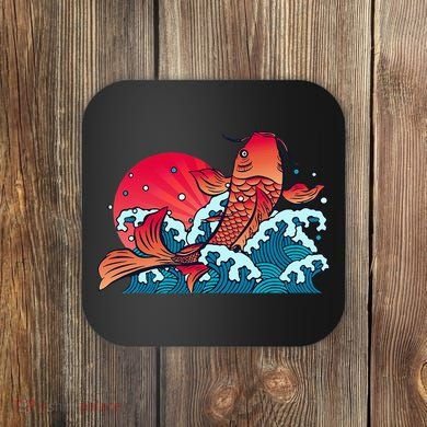 Japanese Koi Fish Breaching The Water Sunset Coaster