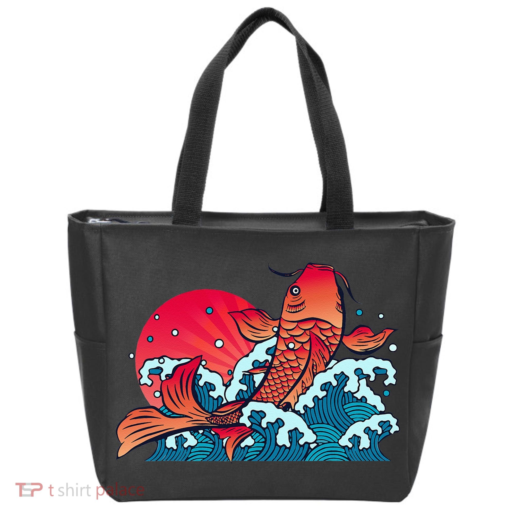 Japanese Koi Fish Breaching The Water Sunset Tote Bag