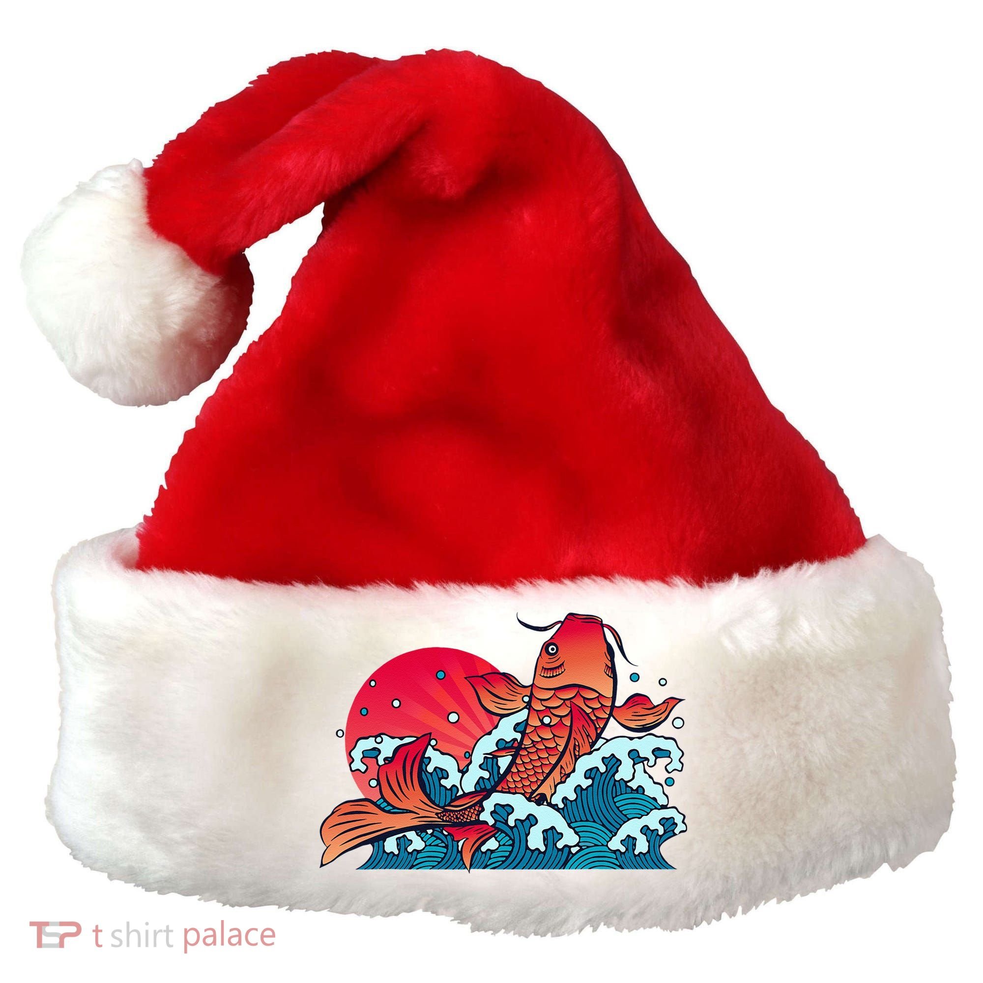 Japanese Koi Fish Breaching The Water Sunset Santa Hat