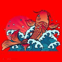 Japanese Koi Fish Breaching The Water Sunset Santa Hat thumb 1
