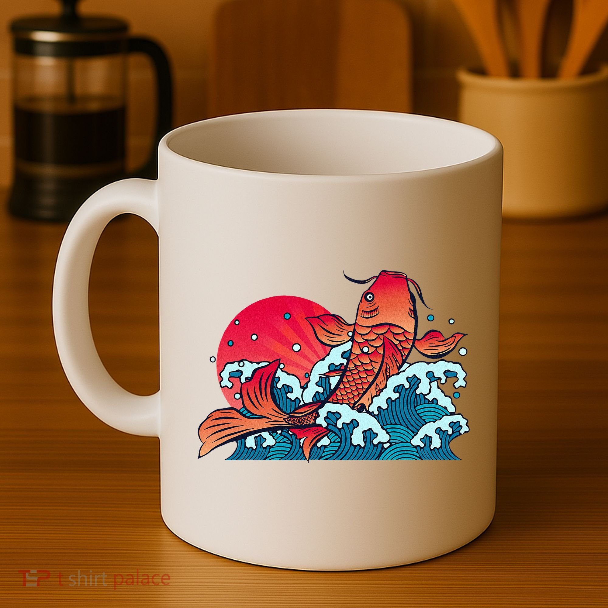 Japanese Koi Fish Breaching The Water Sunset Coffee Mug