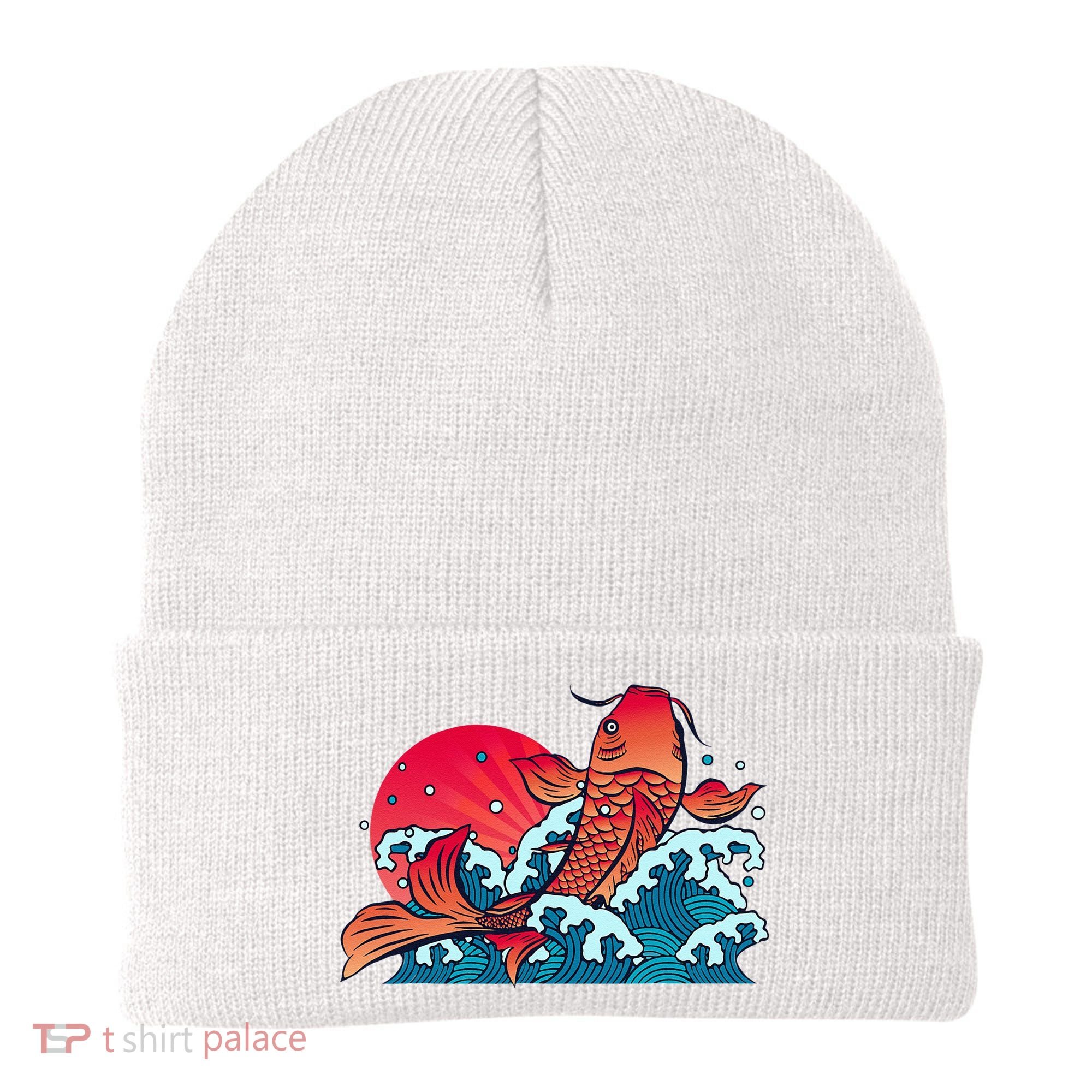 Japanese Koi Fish Breaching The Water Sunset Beanie