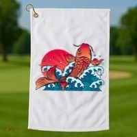 Japanese Koi Fish Breaching The Water Sunset Golf Towel thumb 1
