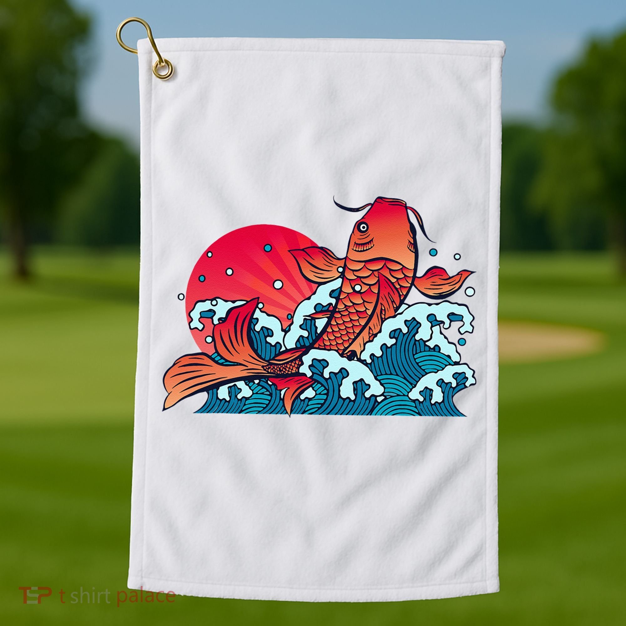 Japanese Koi Fish Breaching The Water Sunset Golf Towel