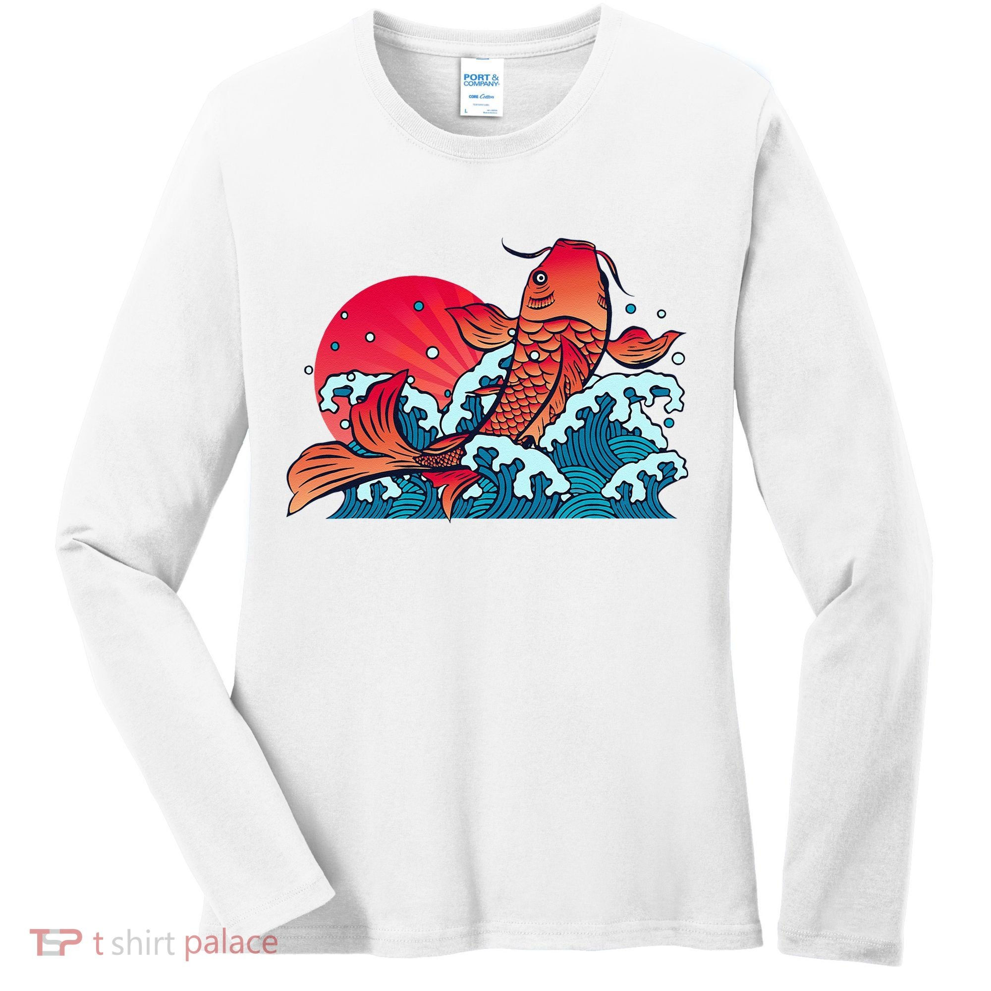 Japanese Koi Fish Breaching The Water Sunset Women's Long Sleeve Shirt