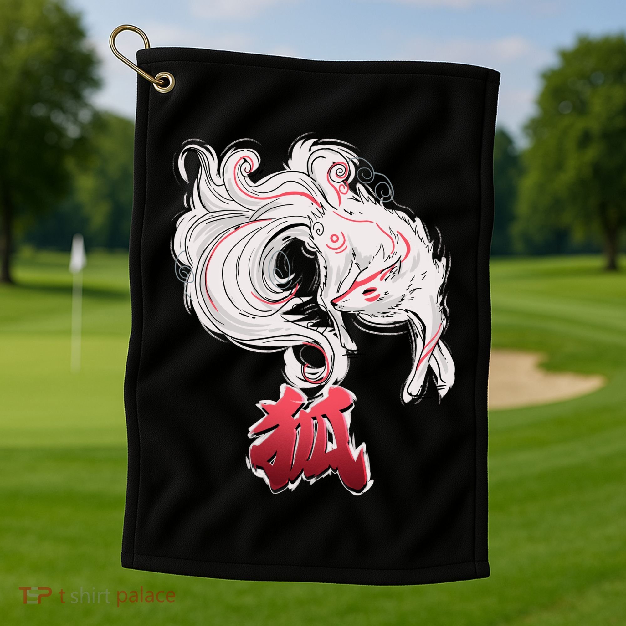 Japanese Kitsune Fox Brush Art Golf Towel