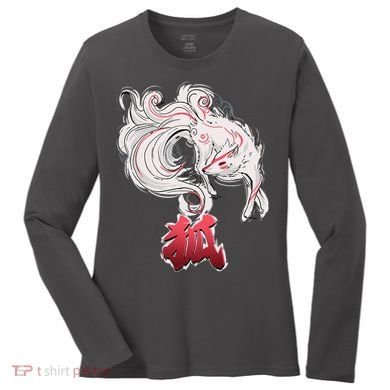 Japanese Kitsune Fox Brush Art Women's Long Sleeve Shirt