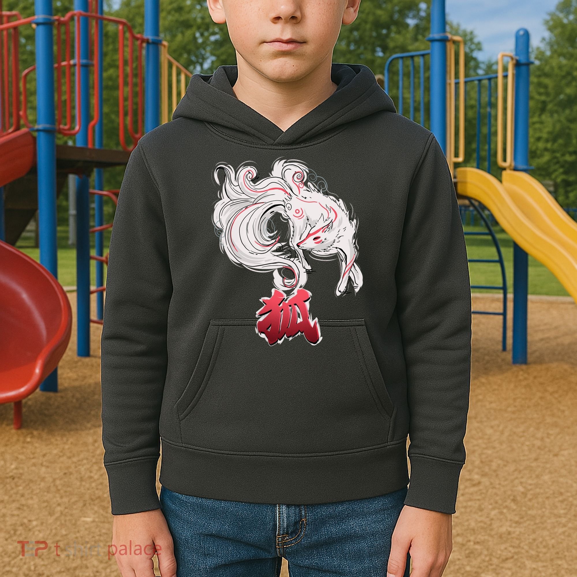 Japanese Kitsune Fox Brush Art Kids Hoodie