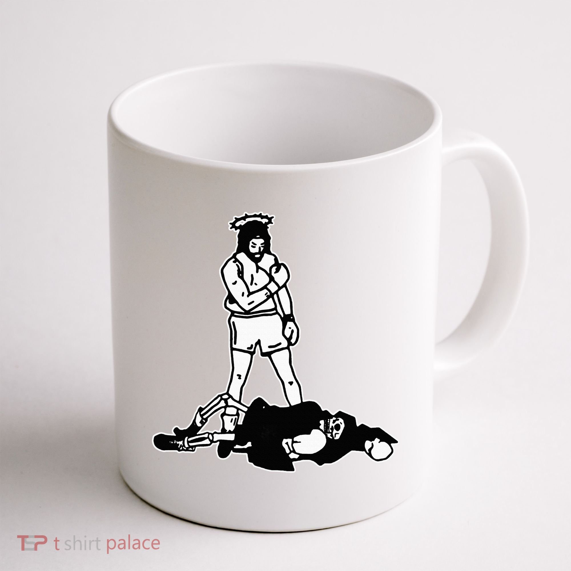 Jesus Knockout Grim Reaper X Jesus Conquers Death Boxing Coffee Mug