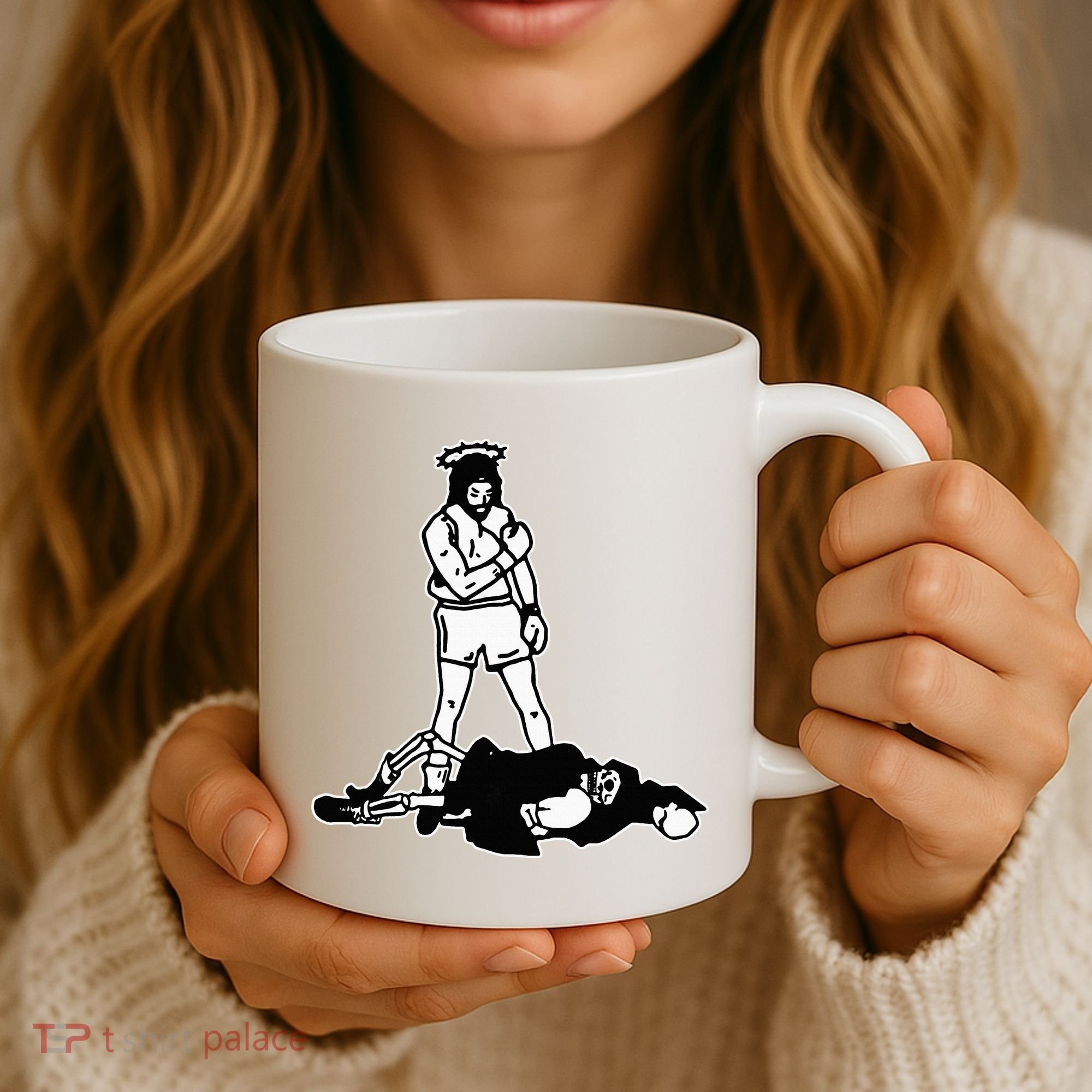 Jesus Knockout Grim Reaper X Jesus Conquers Death Boxing Coffee Mug