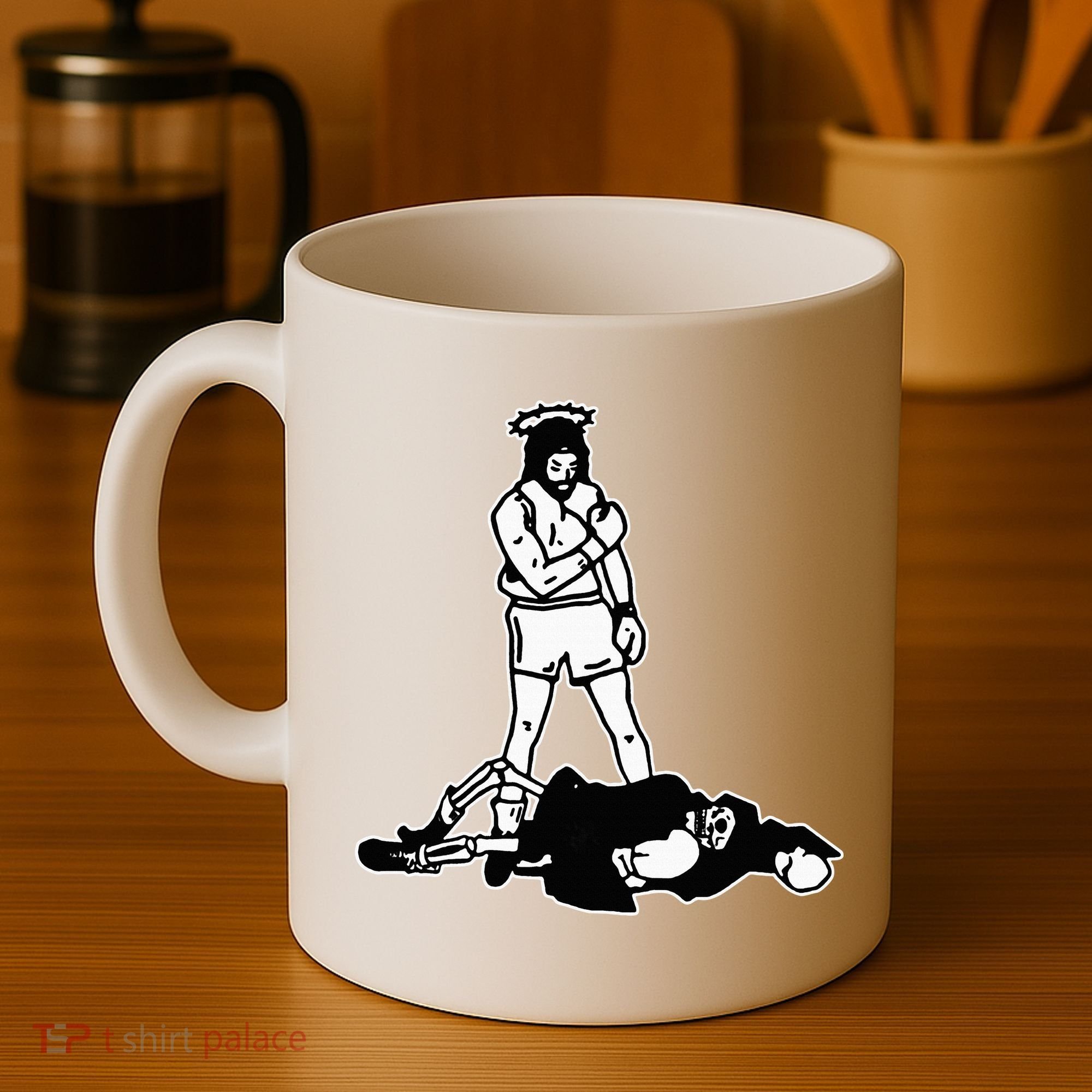 Jesus Knockout Grim Reaper X Jesus Conquers Death Boxing Coffee Mug
