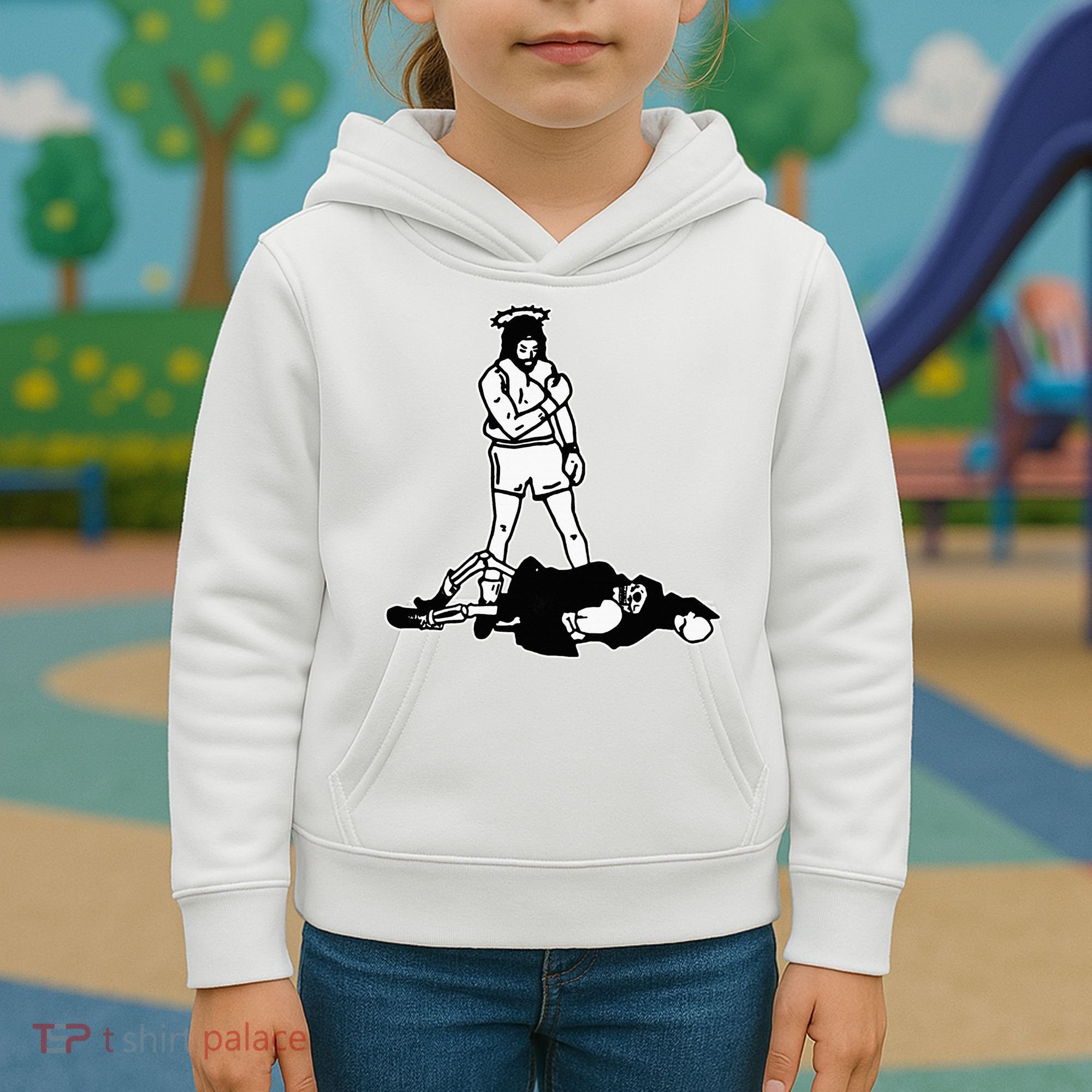 Jesus Knockout Grim Reaper X Jesus Conquers Death Boxing Kids Hoodie