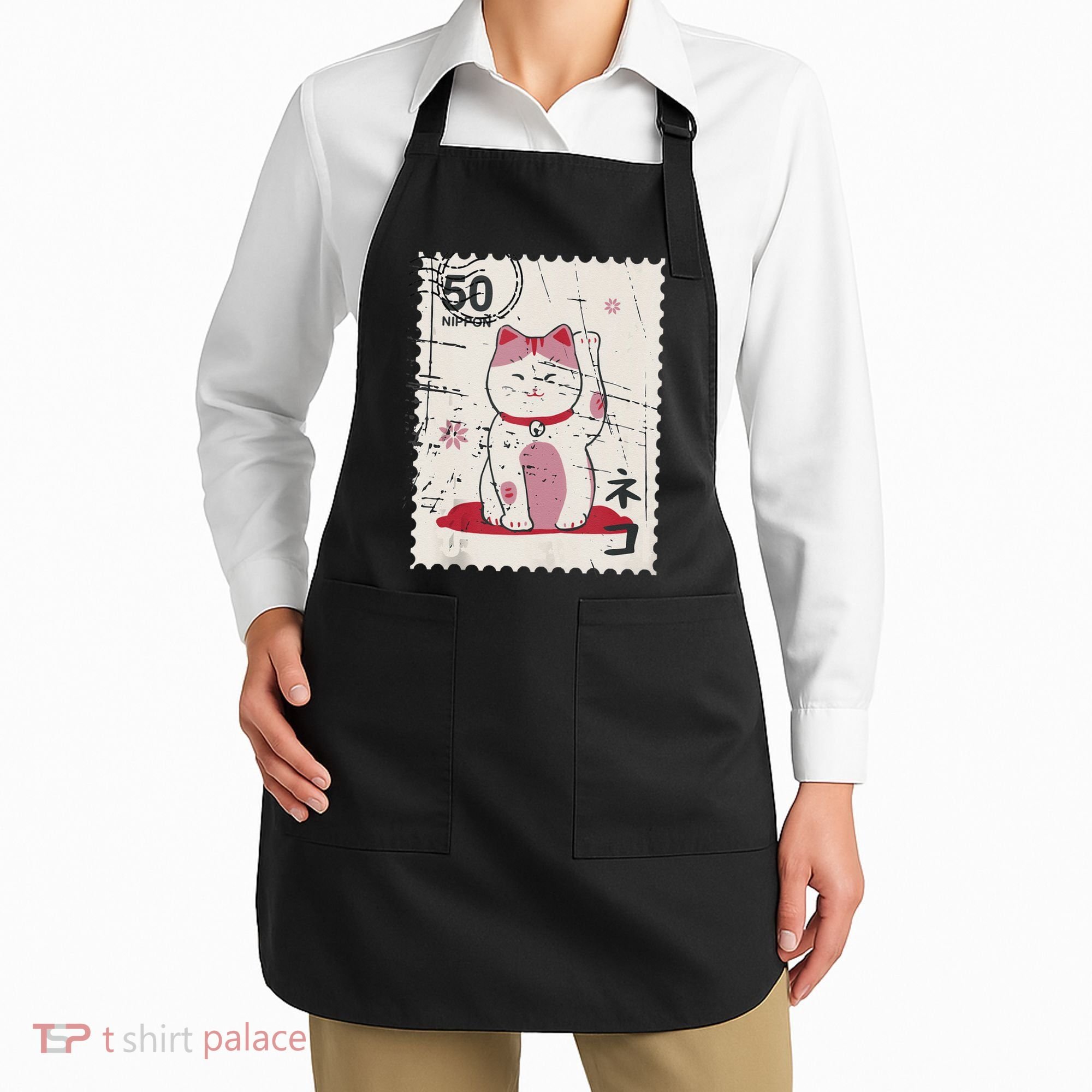 Japanese Kawaii Lucky Cat Stamp Art Apron