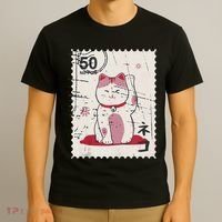 Japanese Kawaii Lucky Cat Stamp Art T-Shirt thumb 3
