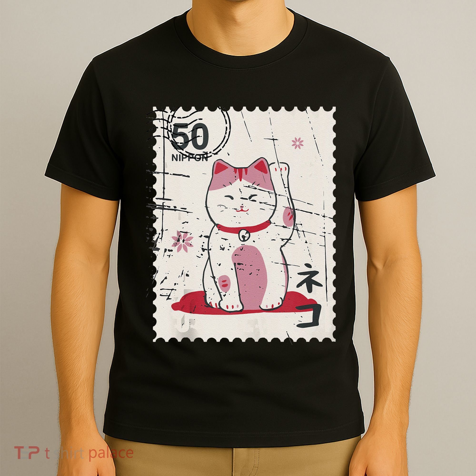 Japanese Kawaii Lucky Cat Stamp Art T-Shirt