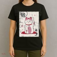Japanese Kawaii Lucky Cat Stamp Art T-Shirt thumb 4
