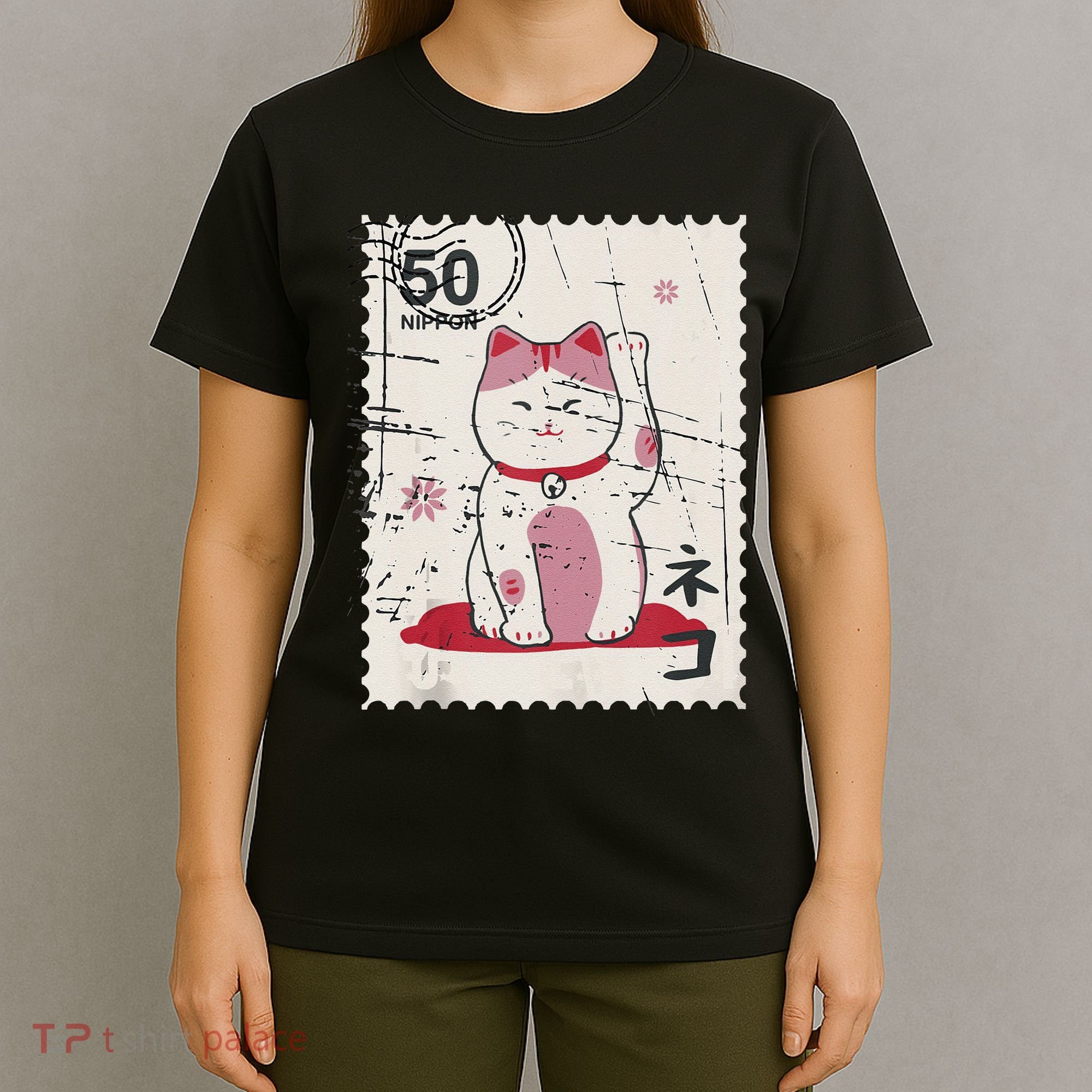 Japanese Kawaii Lucky Cat Stamp Art T-Shirt