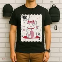 Japanese Kawaii Lucky Cat Stamp Art T-Shirt thumb 6