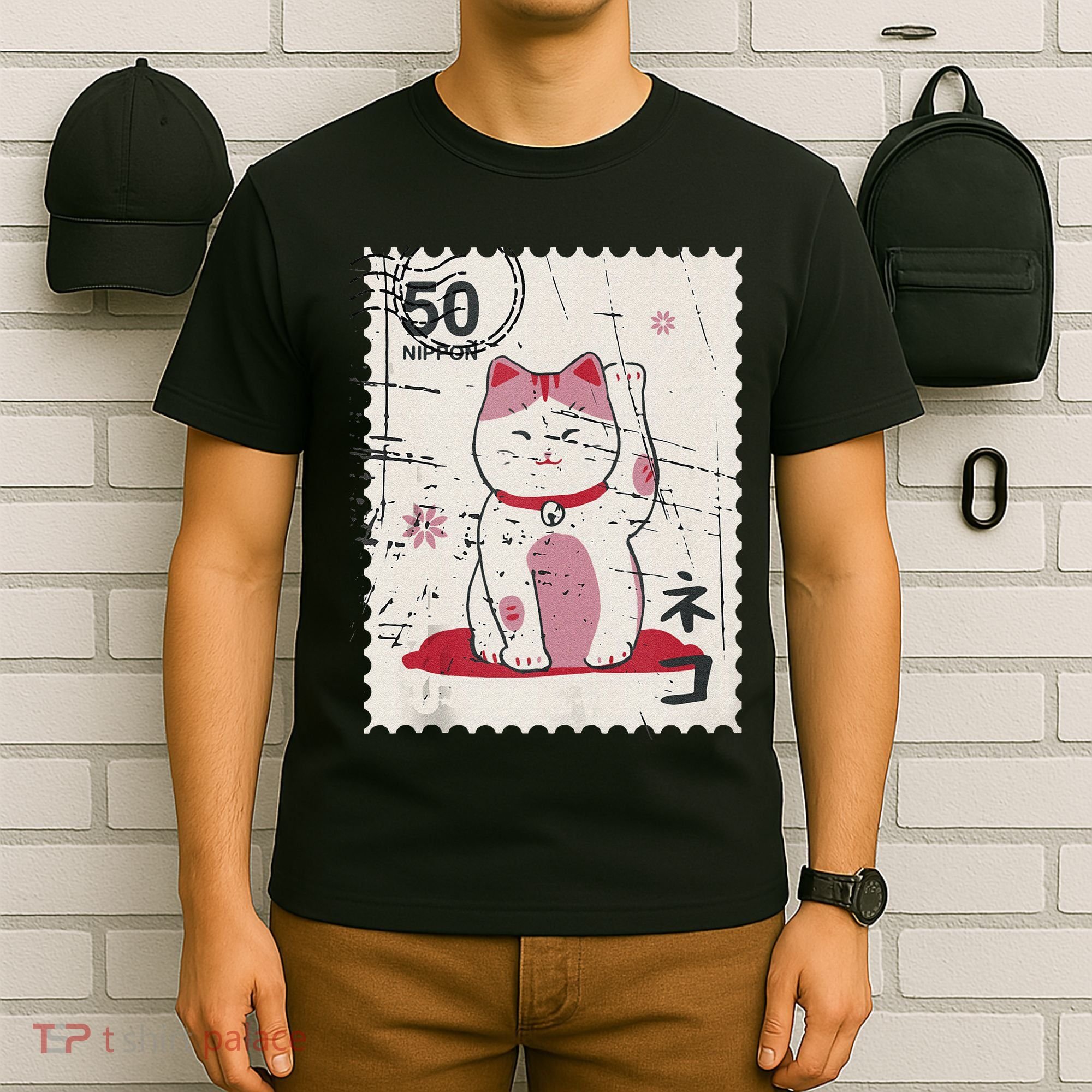 Japanese Kawaii Lucky Cat Stamp Art T-Shirt