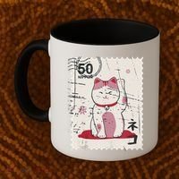 Japanese Kawaii Lucky Cat Stamp Art Coffee Mug thumb 2