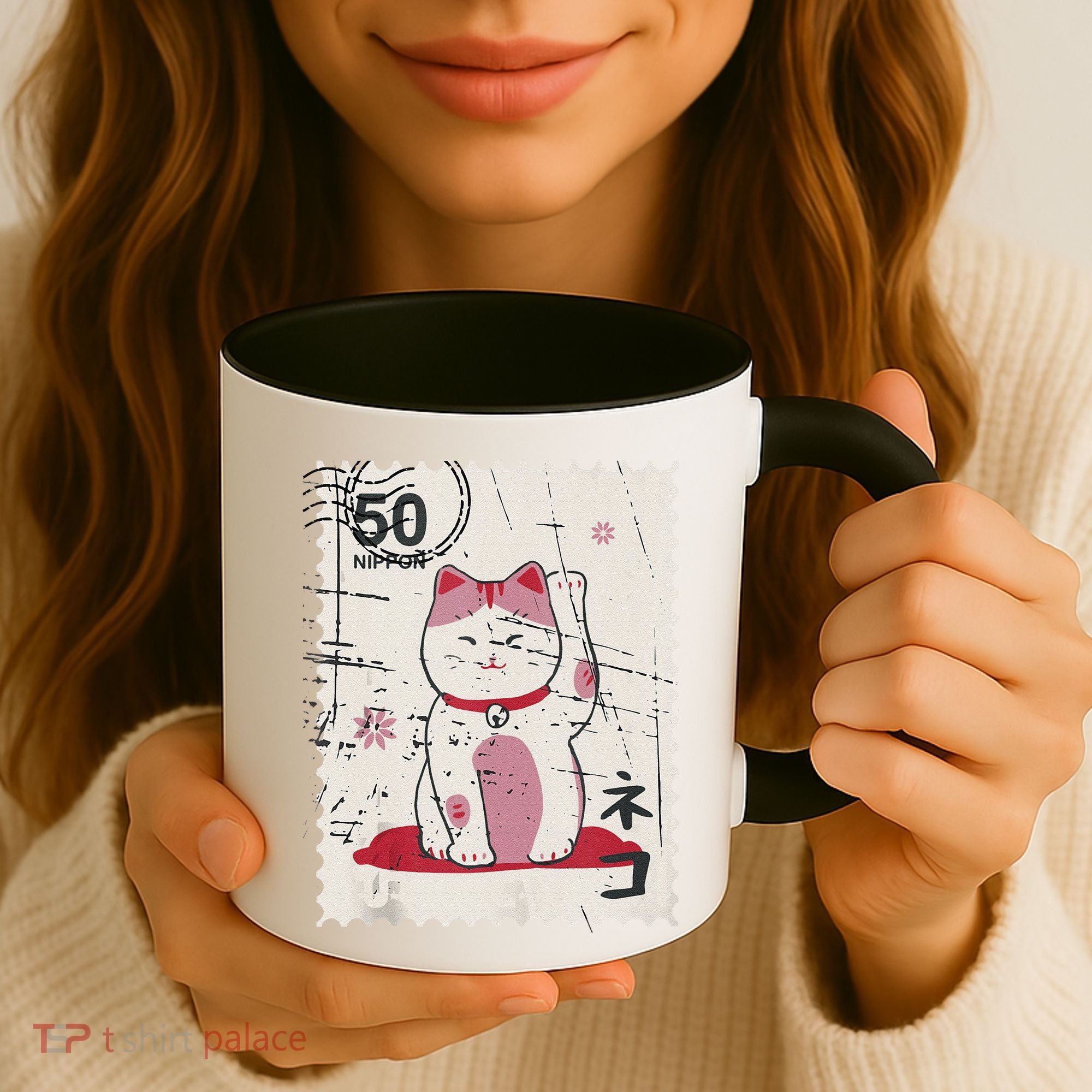 Japanese Kawaii Lucky Cat Stamp Art Coffee Mug