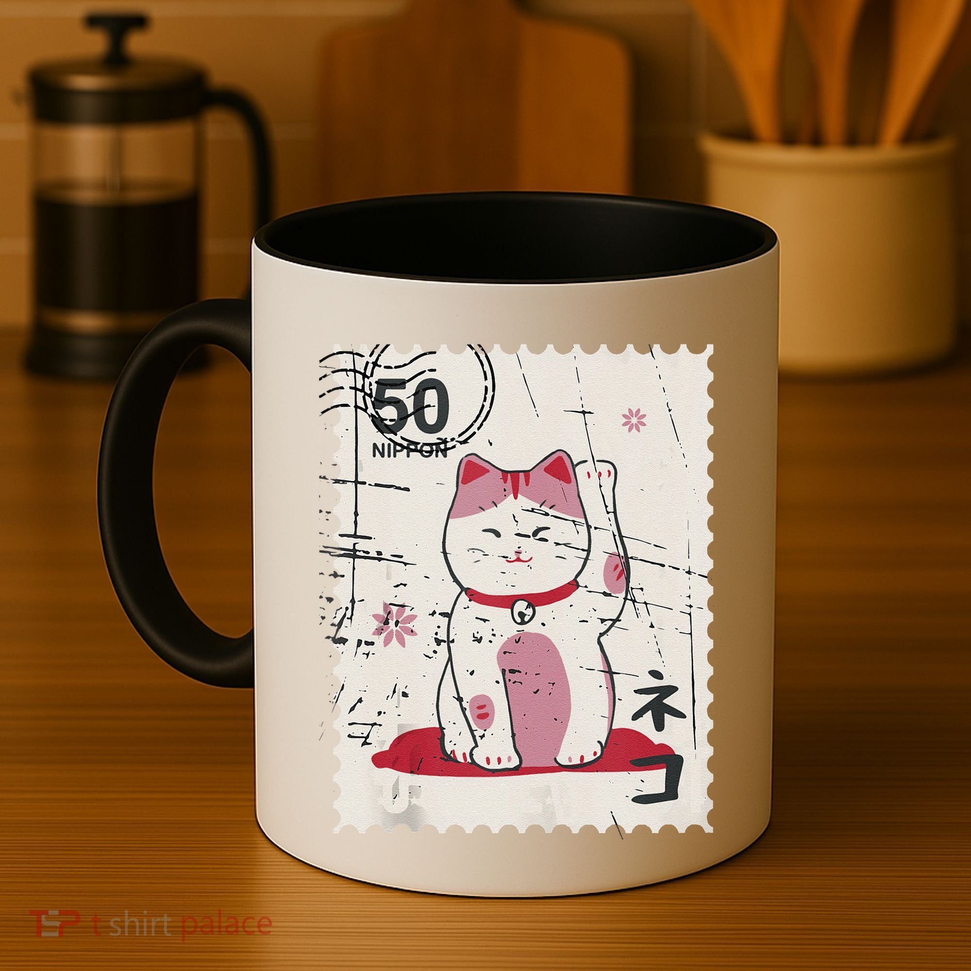Japanese Kawaii Lucky Cat Stamp Art Coffee Mug