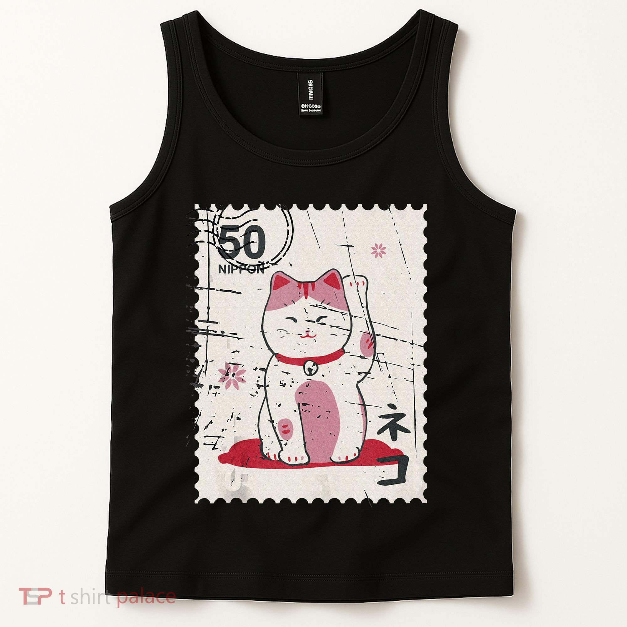 Japanese Kawaii Lucky Cat Stamp Art Tank Top