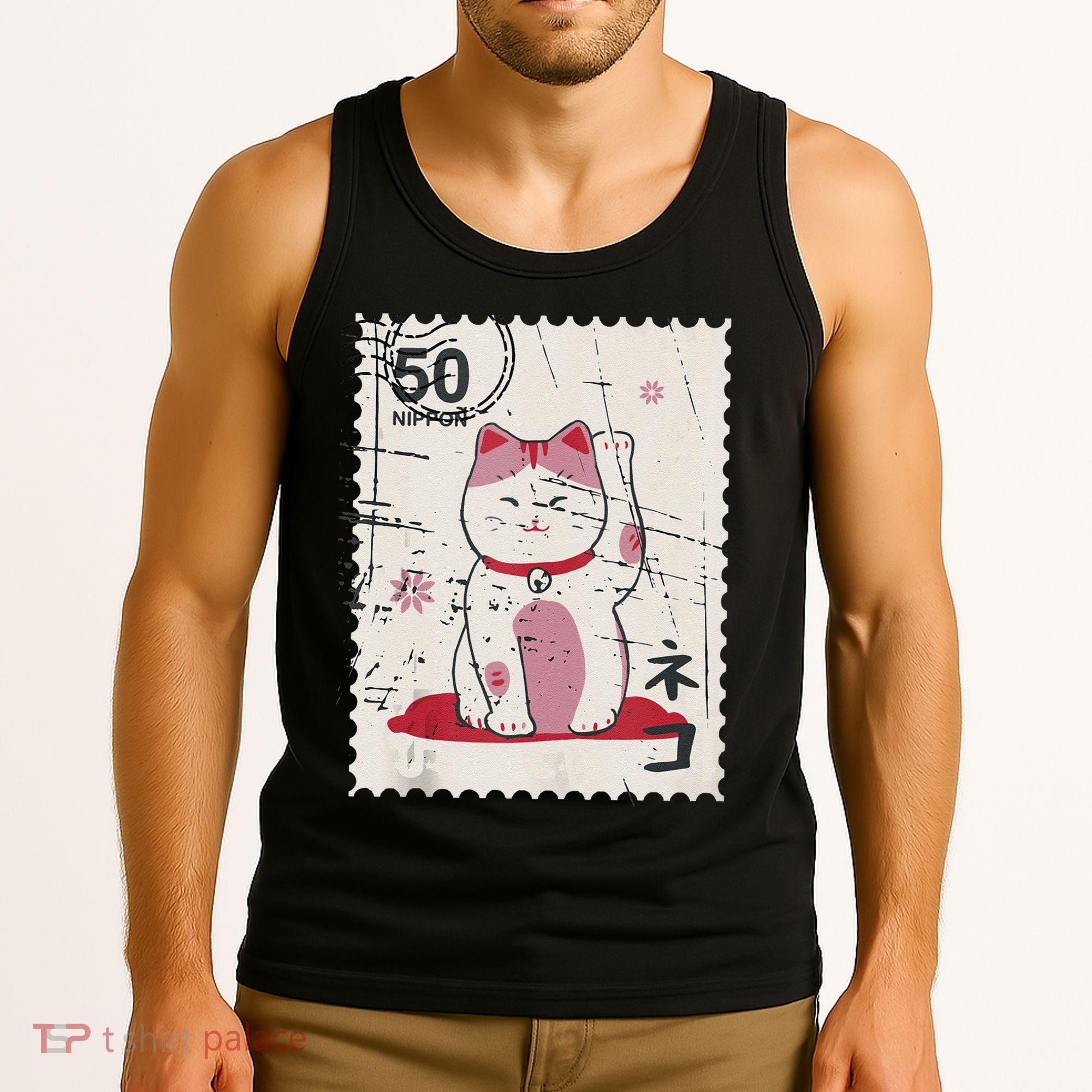 Japanese Kawaii Lucky Cat Stamp Art Tank Top