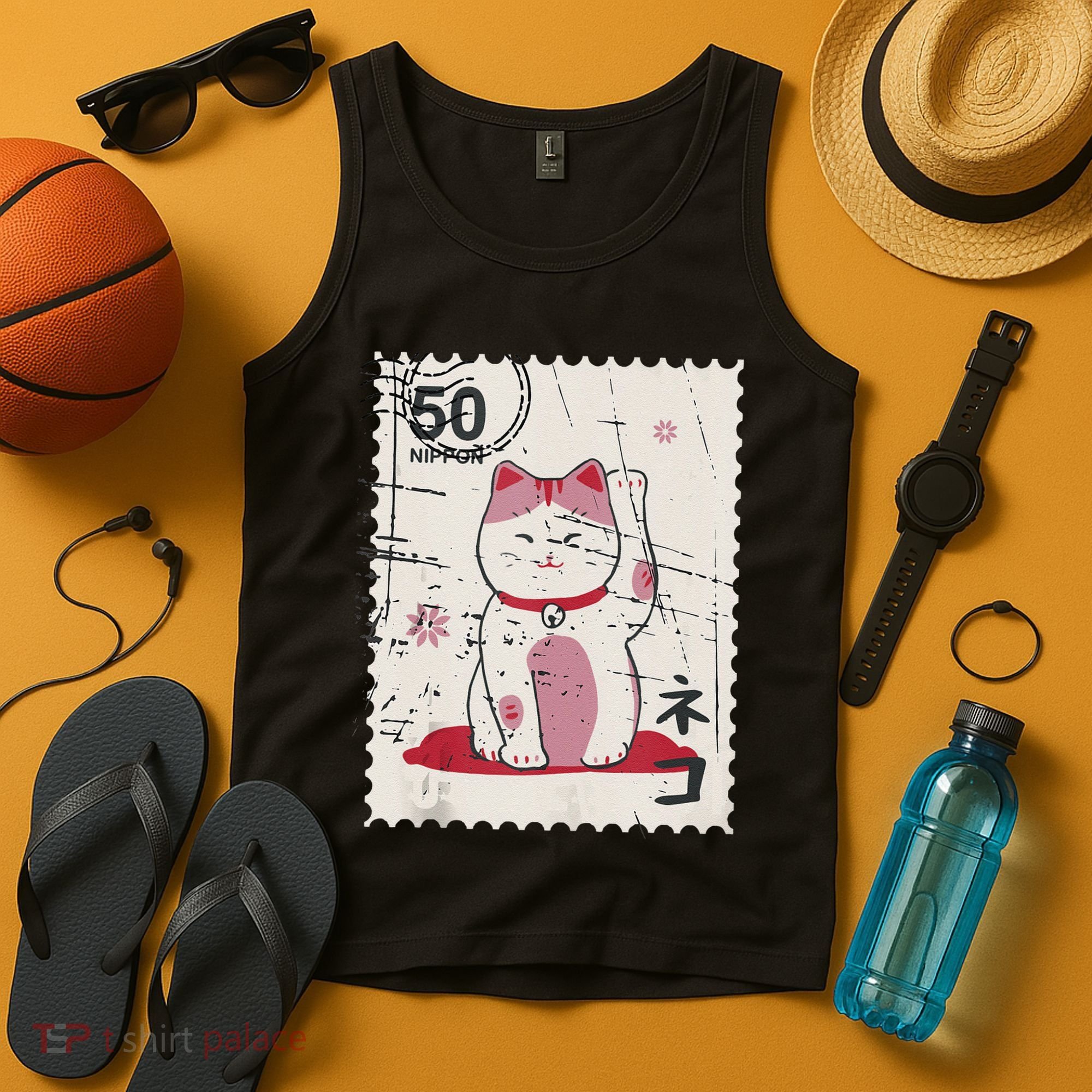Japanese Kawaii Lucky Cat Stamp Art Tank Top