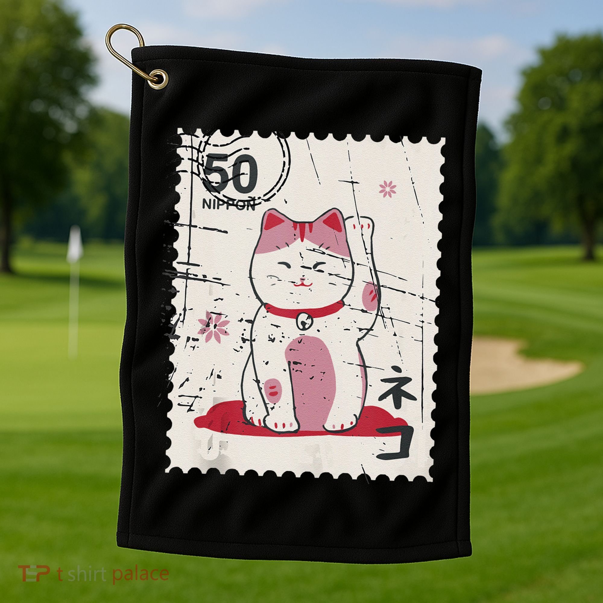 Japanese Kawaii Lucky Cat Stamp Art Golf Towel