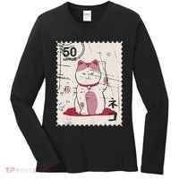 Japanese Kawaii Lucky Cat Stamp Art Women's Long Sleeve Shirt thumb 0