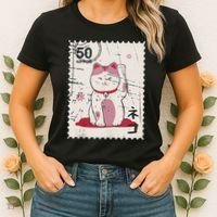 Japanese Kawaii Lucky Cat Stamp Art Women's T-Shirt thumb 2
