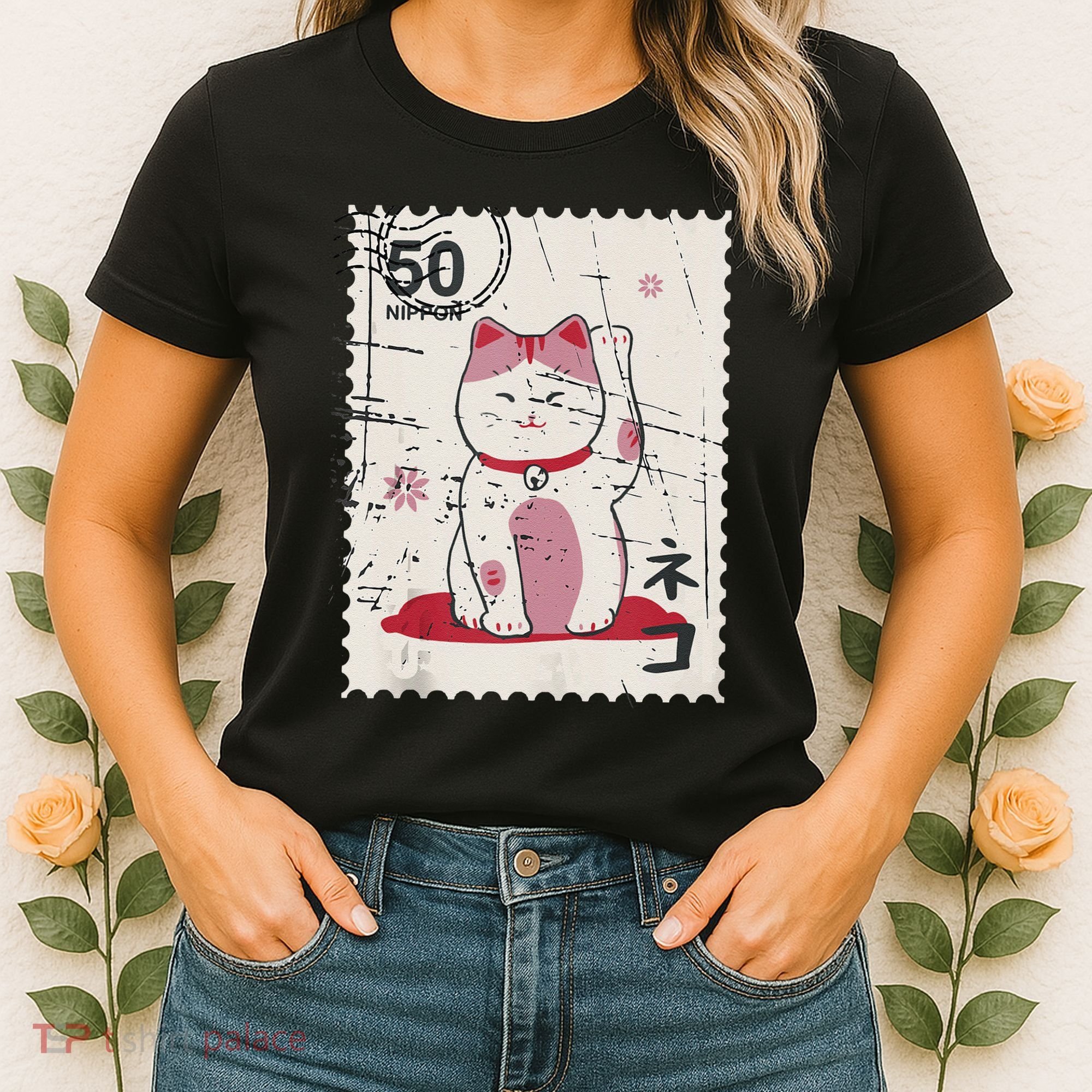 Japanese Kawaii Lucky Cat Stamp Art Women's T-Shirt