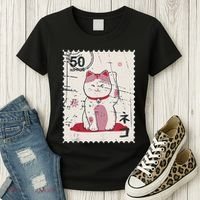 Japanese Kawaii Lucky Cat Stamp Art Women's T-Shirt thumb 3