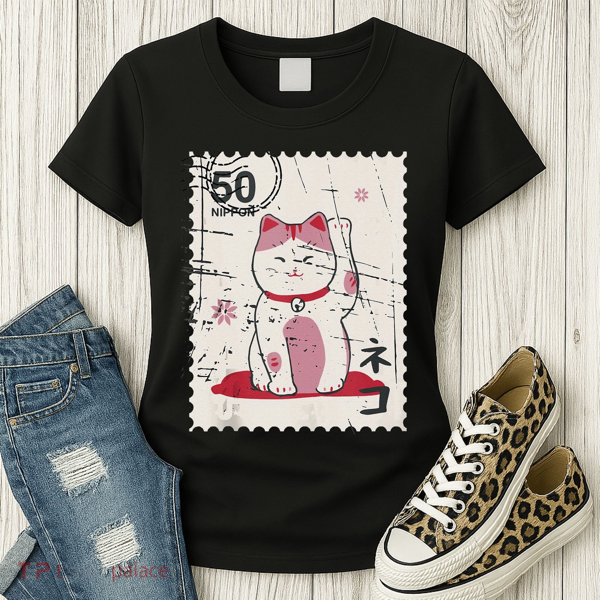 Japanese Kawaii Lucky Cat Stamp Art Women's T-Shirt