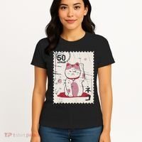Japanese Kawaii Lucky Cat Stamp Art Women's T-Shirt thumb 4