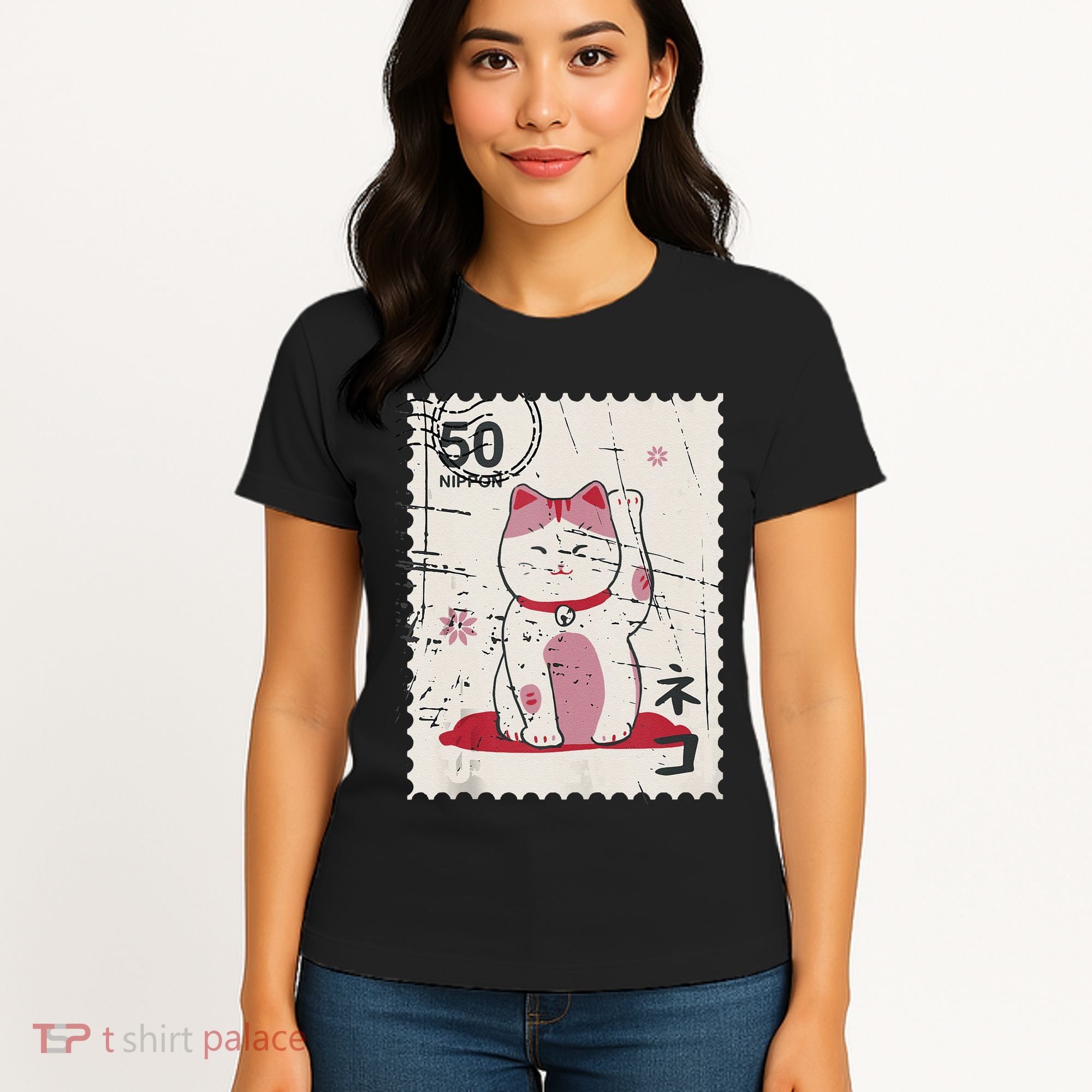 Japanese Kawaii Lucky Cat Stamp Art Women's T-Shirt