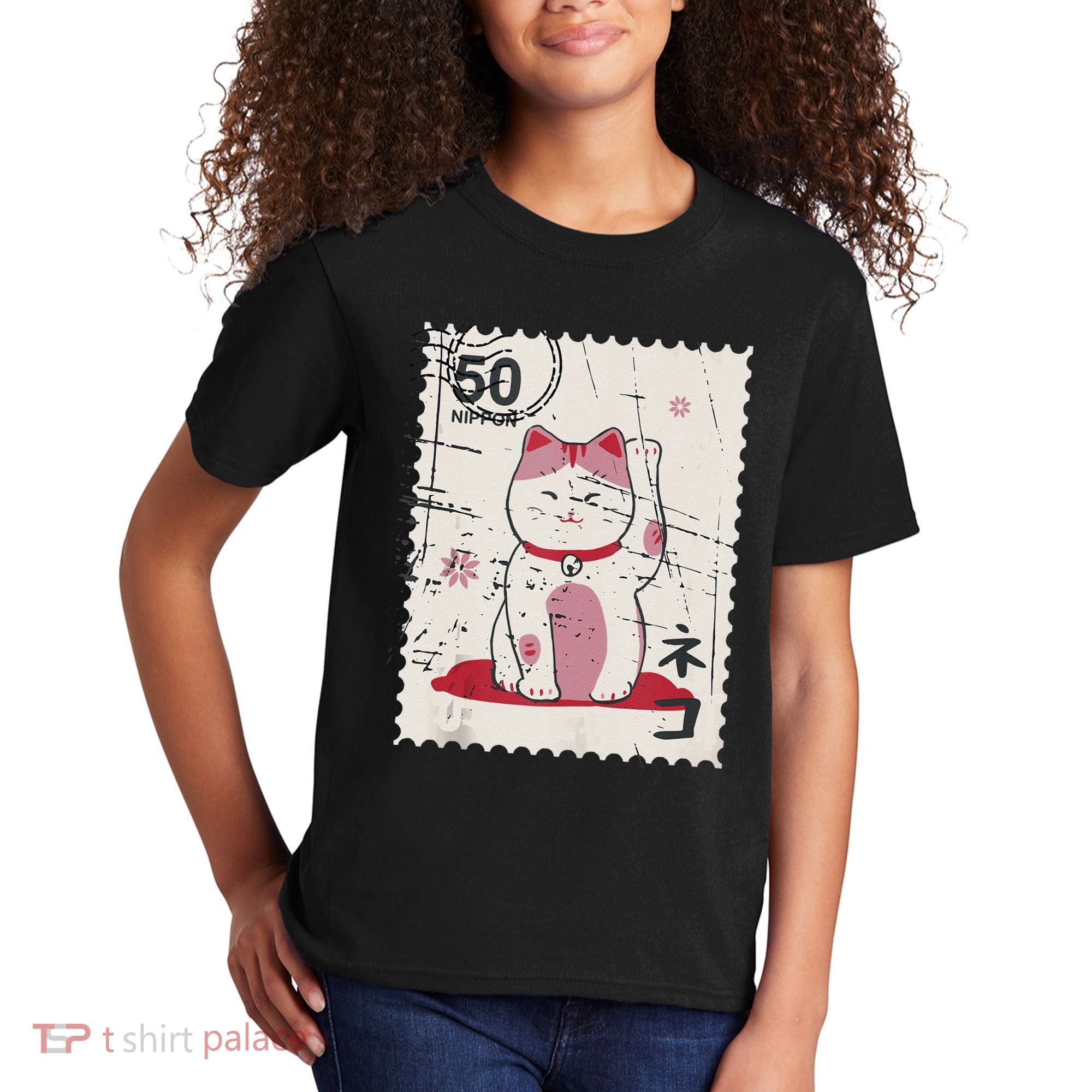 Japanese Kawaii Lucky Cat Stamp Art Kids T-Shirt