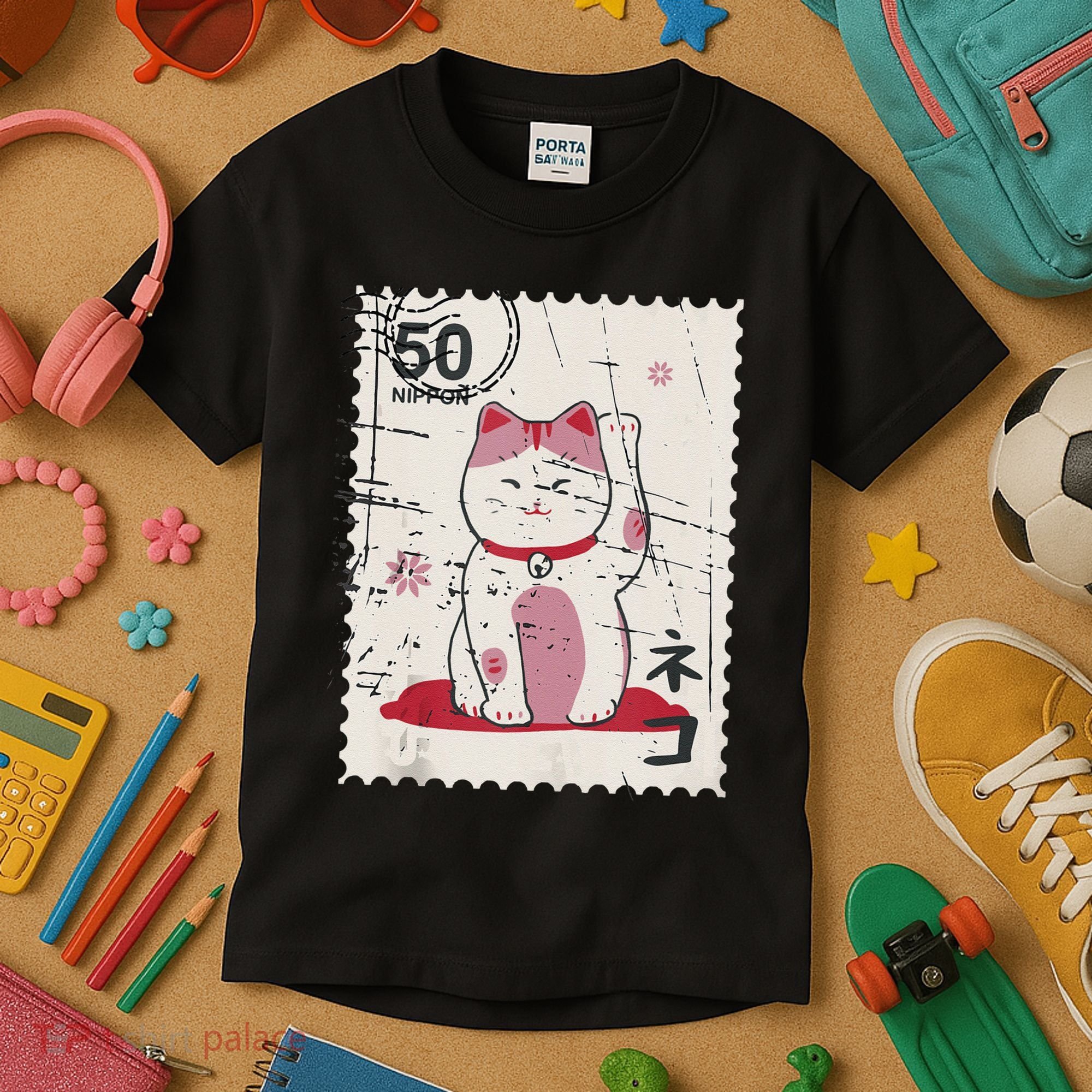 Japanese Kawaii Lucky Cat Stamp Art Kids T-Shirt