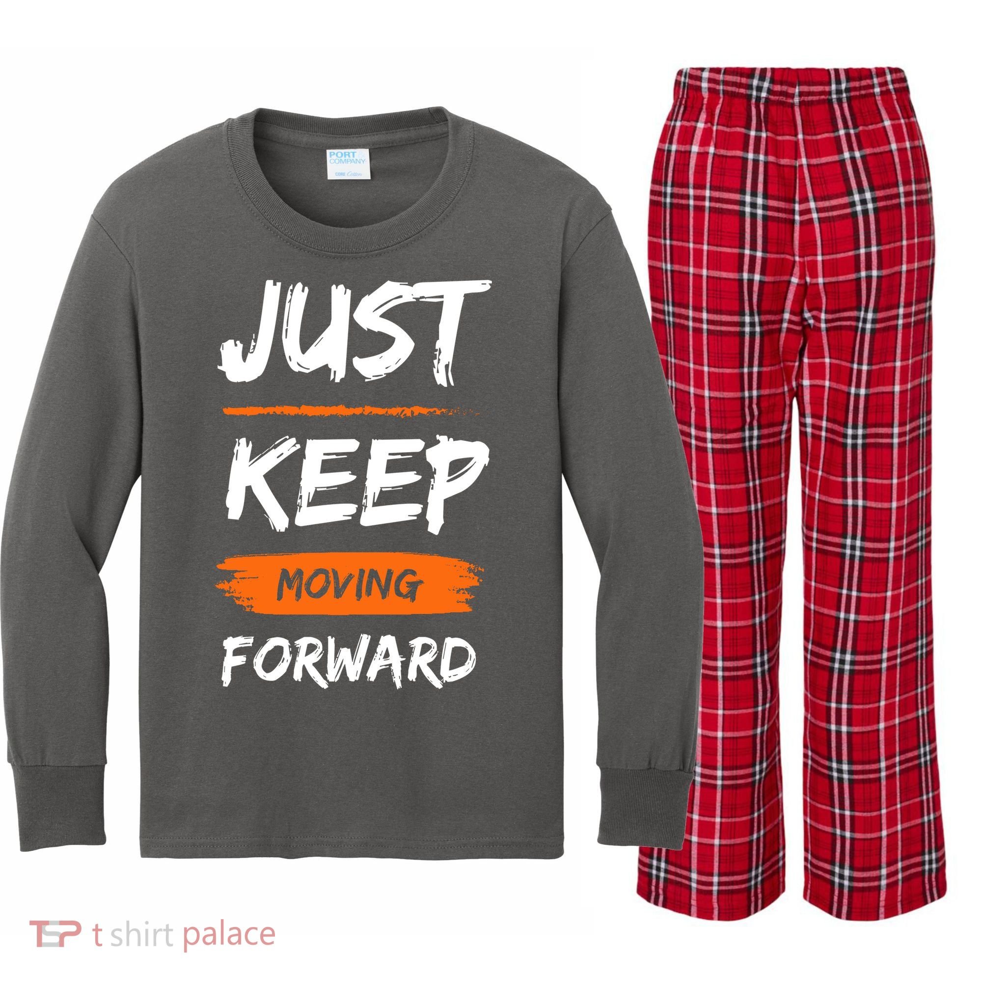 Just Keep Moving Forward Motivational Quote Kids Long Sleeve Plaid Pajama Set