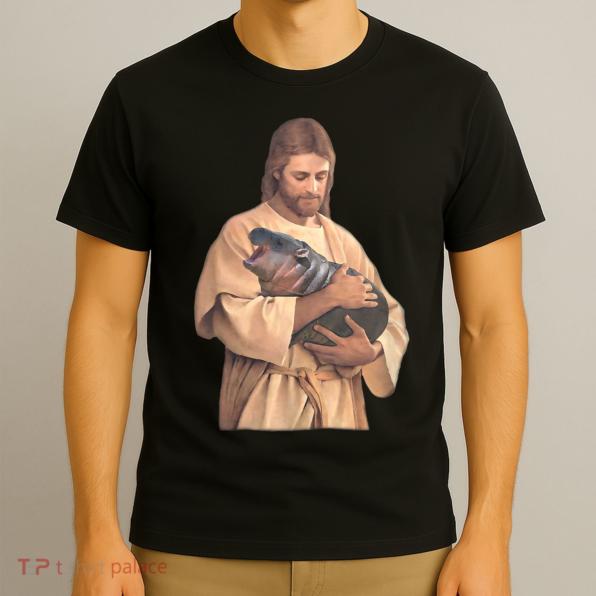 Jesus Loves Moo Deng Bouncy Pig Cute Baby Hippo Meme T-Shirt