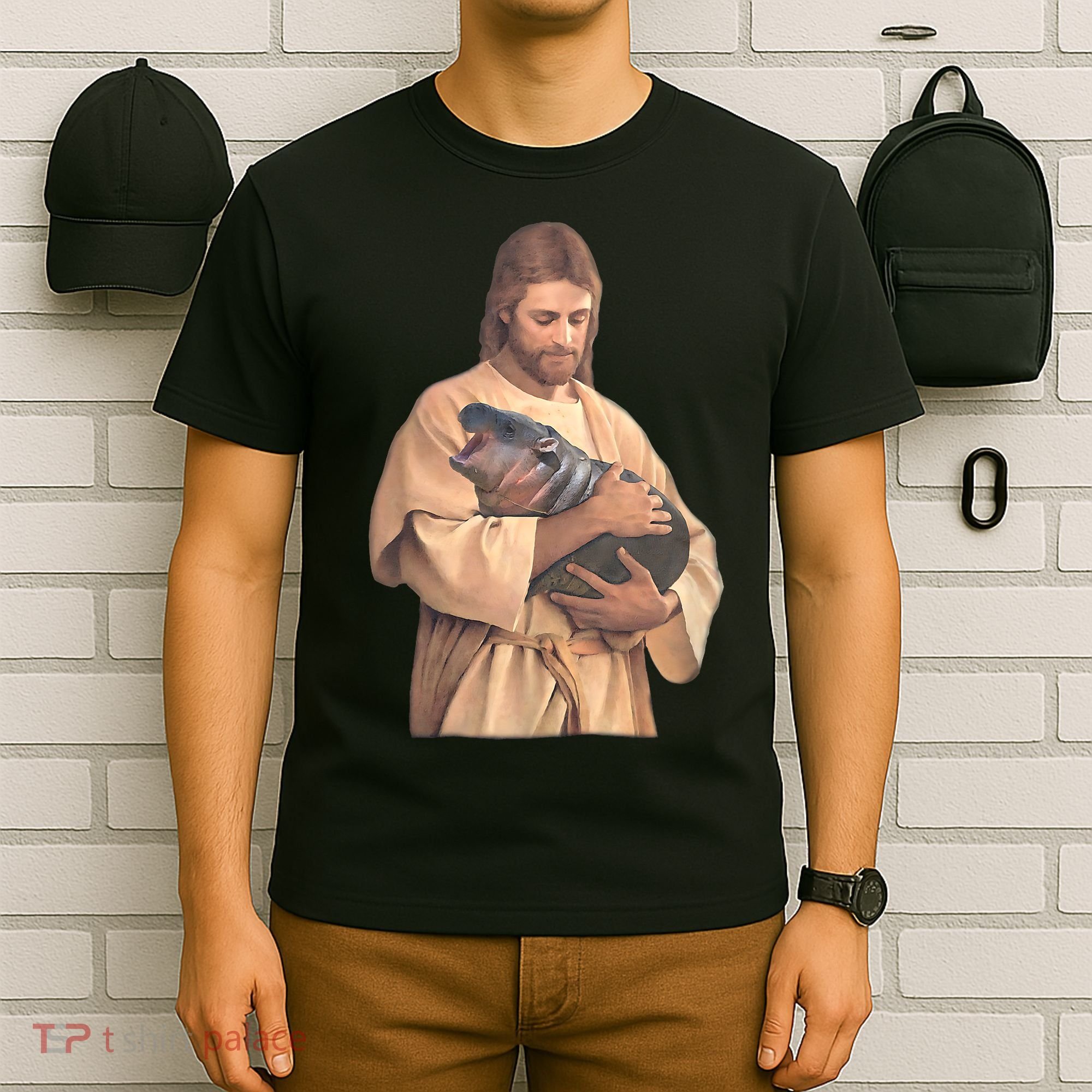 Jesus Loves Moo Deng Bouncy Pig Cute Baby Hippo Meme T-Shirt