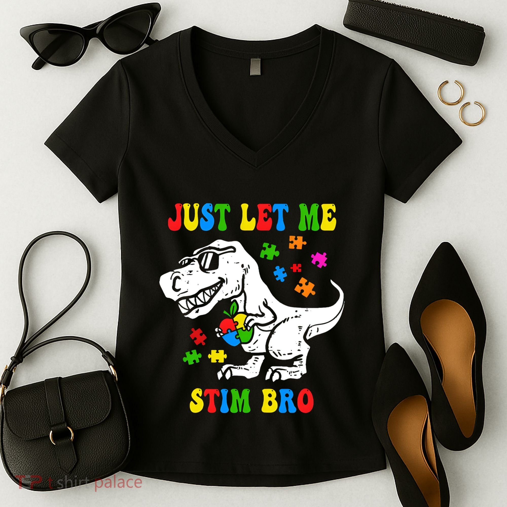 Just Let Me Stim Bro Dinasour Autism Awareness Women's V-Neck T-Shirt