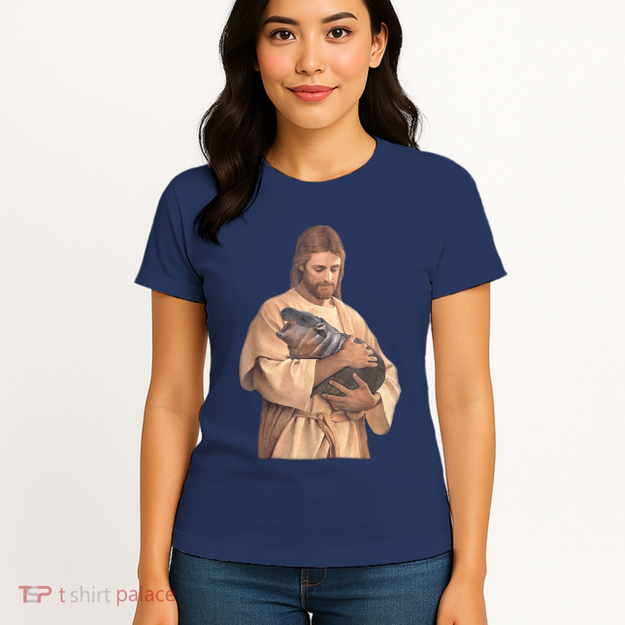Jesus Loves Moo Deng Bouncy Pig Cute Baby Hippo Meme Women's T-Shirt