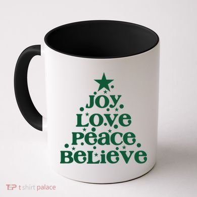 Joy Love Peace Believe Christmas Tree Coffee Mug