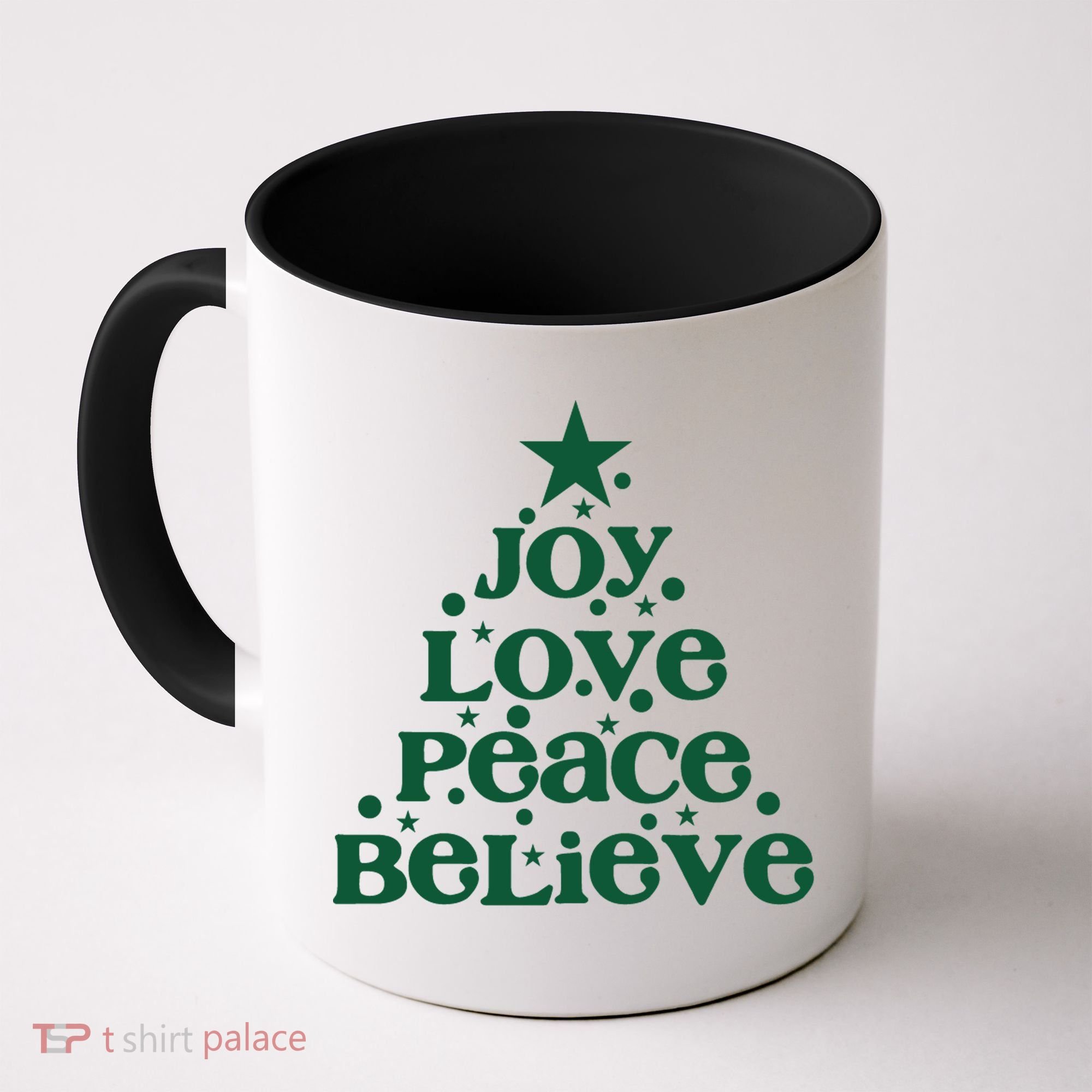Joy Love Peace Believe Christmas Tree Coffee Mug